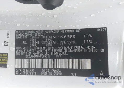 2022 Lexus Rx 450H z USA, uszkodzony, nr VIN 2T2JGMDA0NC084209